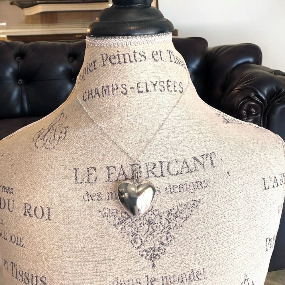 Puffed Silver toned Heart Pendant Necklace on a silver plated chain